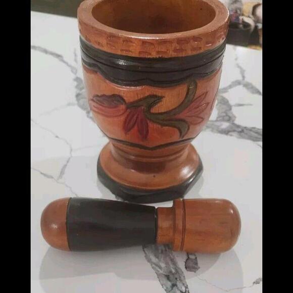 Vintage Wood Hand Turned Carved Floral Three Tone Mortar and Pestle LARGE - Picture 1 of 9